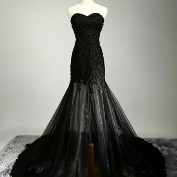 Black Lace Applique Wedding Dress Lace Up Bridal Gown