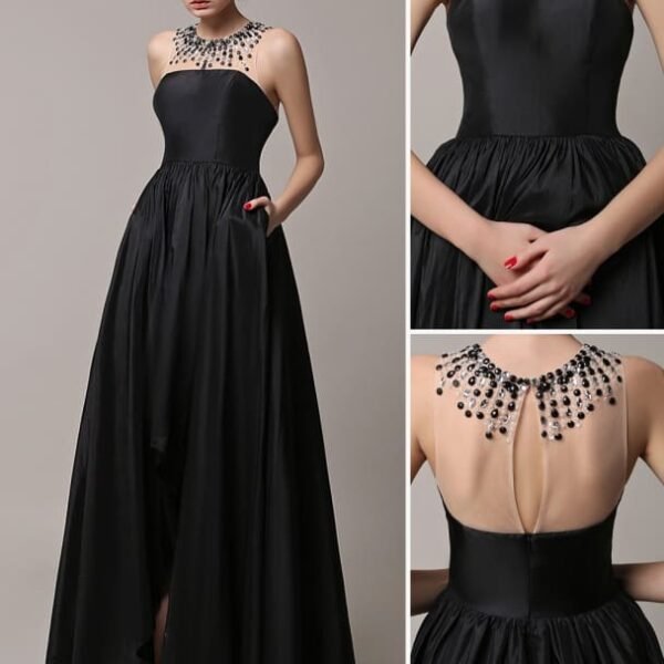 Black Prom Dresses 2021 Long Wedding Dress High Low Beading Illusion Neckline Taffeta Evening Dress Wedding Guest Dress Milanoo
