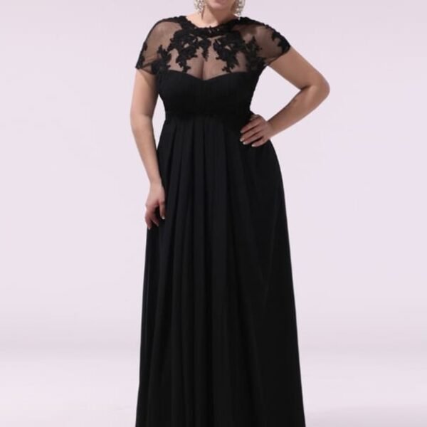 Black Prom Dresses Plus Size Evening Dress Chiffon Lace Applique Illusion Short Sleeves Floor Length Wedding Guest Dress