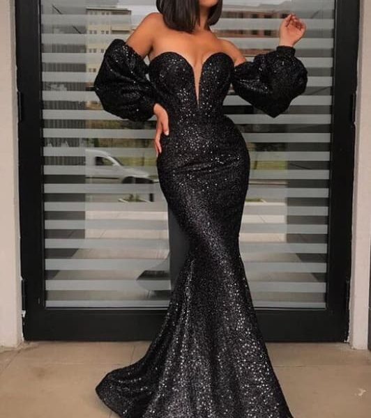 Black Sweetheart Detachable Sleeves Sequins Mermaid Prom Dress