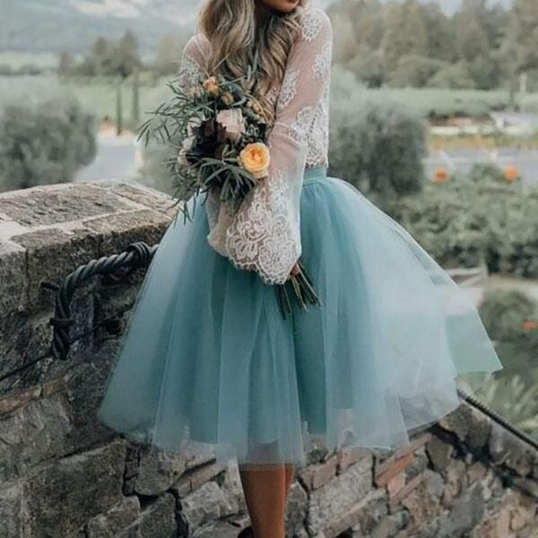 Blue Simple Wedding Dress A Line Designed Neckline Lace Tulle Bridal Gowns