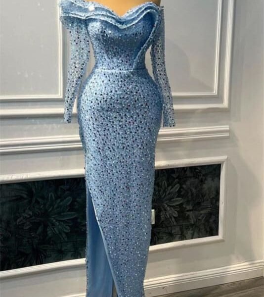 Blue Sweetheart Long Sleeves Sequins Mermaid Prom Dress with Split Beads