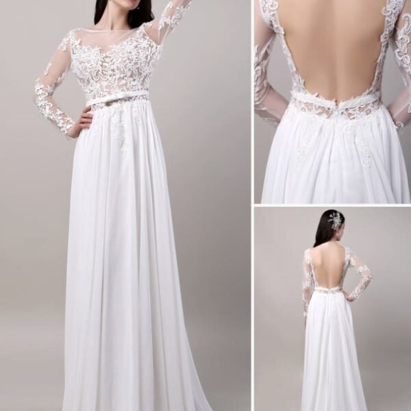 Boho Beach Sheer Lace Chiffon Tulle Long Sleeves Deep V Back Backless Bridal Gown