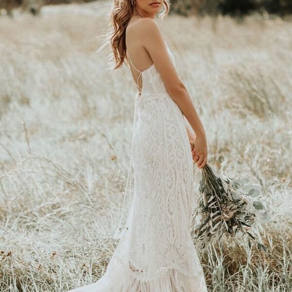 Lace A Line Boho Wedding Dress Halter Sleeveless Bridal Gown With Train