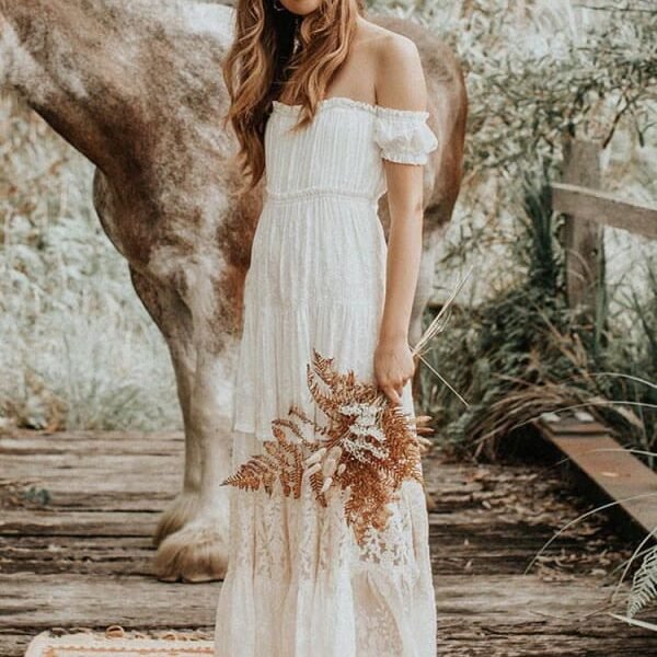 Boho Wedding Dress Lace Off The Shoulder A Line Floor Length Lace Bridal Gown