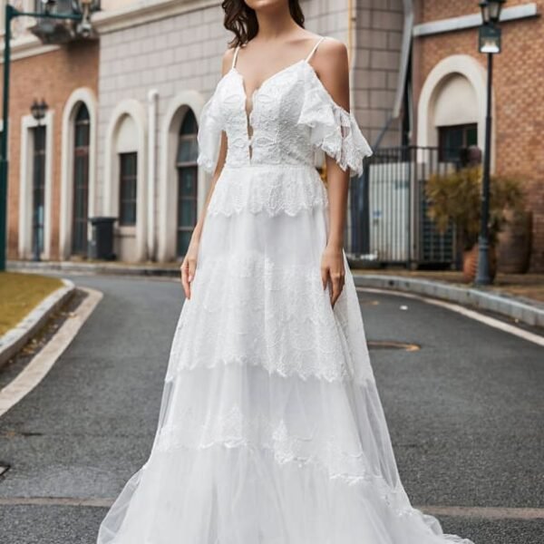 Boho Wedding Dress Lace A-Line V-Neck Natural Waistline Beaded Wedding Gown
