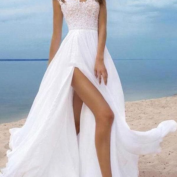 Chiffon Boho Wedding Dresses Short Sleeves V Neck A Line Split Front Bridal Dresses