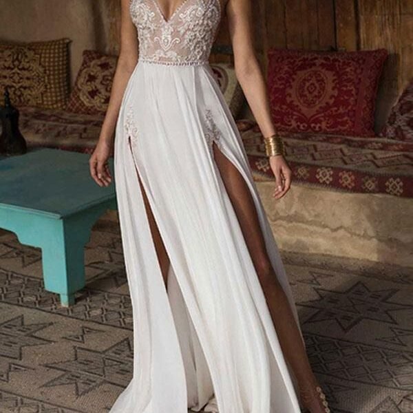 Boho Wedding Dresses Lace V Neck Sleeveless Beaded Backless Double Splits Chiffon Beach Bridal Gowns