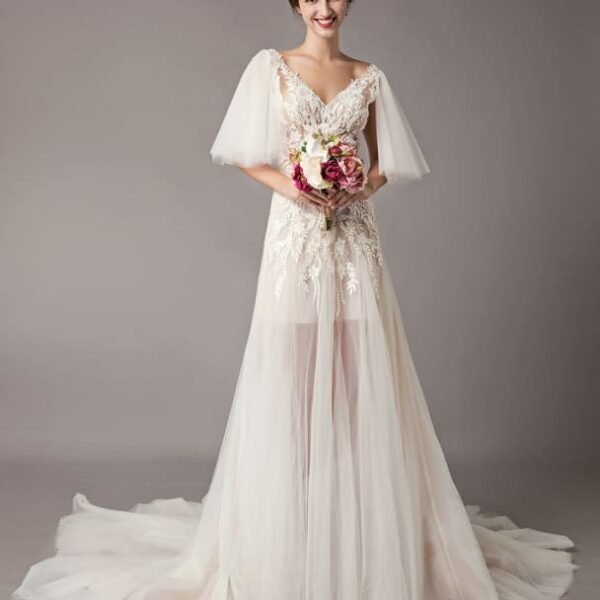 Boho Wedding Dresses Tulle Lace V Neck Butterfly Sleeve Backless Summer Beach Bridal Gowns