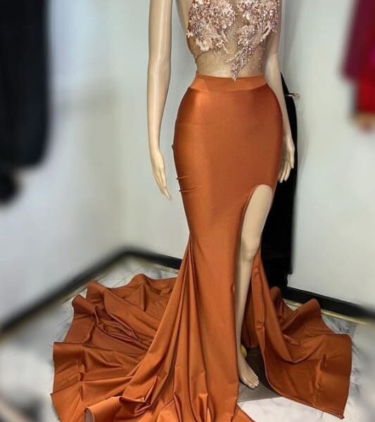 Brown Sleeveless Halter Long Prom Dress with Appliques and High Slit