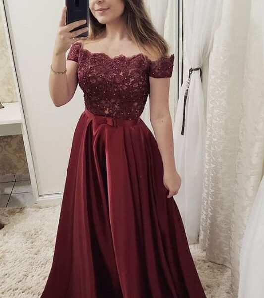 Burgundy Off Shoulder Satin Prom Dress with Lace A Line Cheap Formal Dresses