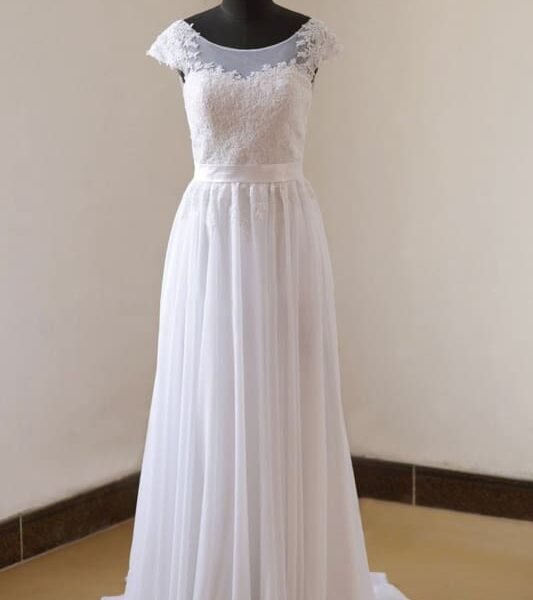 Cap Sleeve Lace Chiffon A-line Wedding Dress