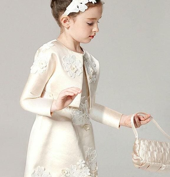 Champagne A-line Flower Girl Applique Beaded Outfit Kids Formal Dress With Jacket