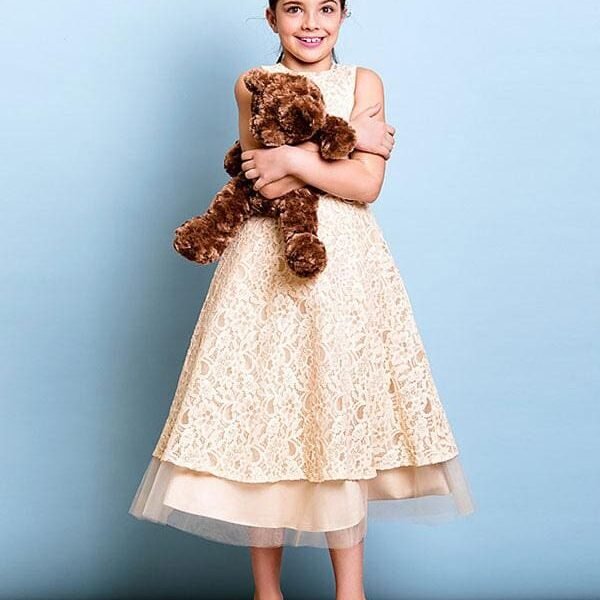 Champagne Golden Jewel Neck Sleeveless A Line Lace Kids Party Dresses