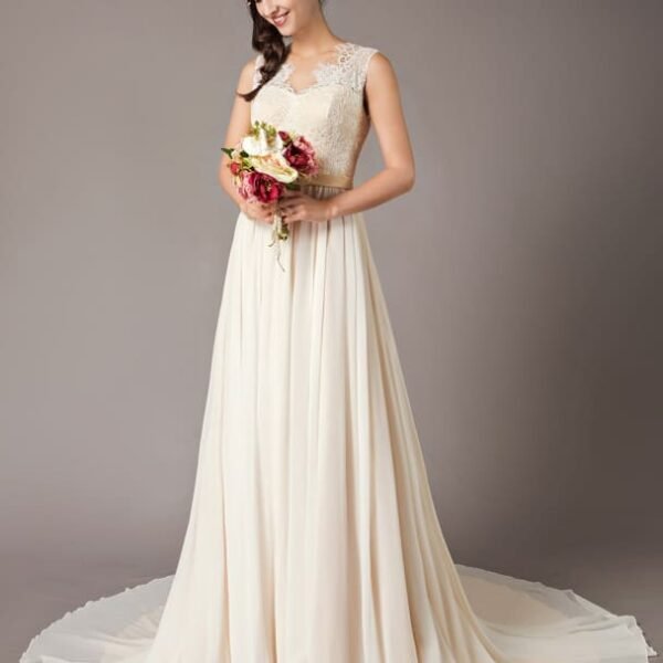 Champagne Wedding Dresses Beach Lace Chiffon V Neck Bridal Dress