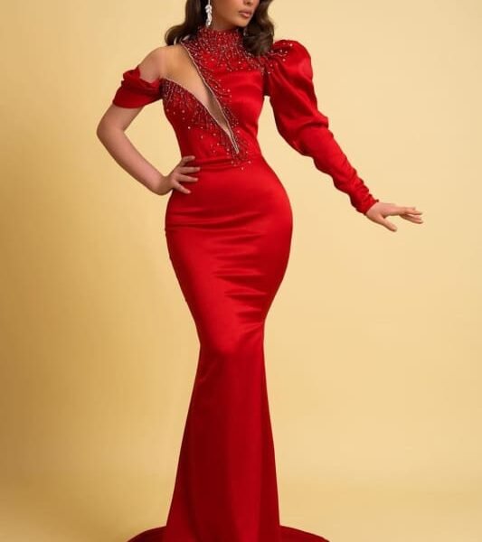 Charmeuse Red One Sleeve High Neck Mermaid Prom Dress