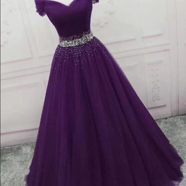 Charming Off Shoulder Dark Purple Tulle Long Prom with Sequins. Dark Purple Formal Graduation Evening
