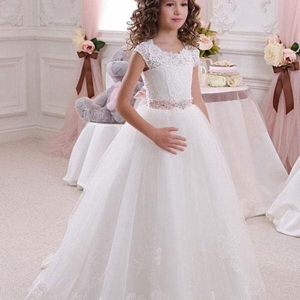 Cute Short Sleeves Flower Girl Dresses Soft Lace Aline Kids Princess Dresses