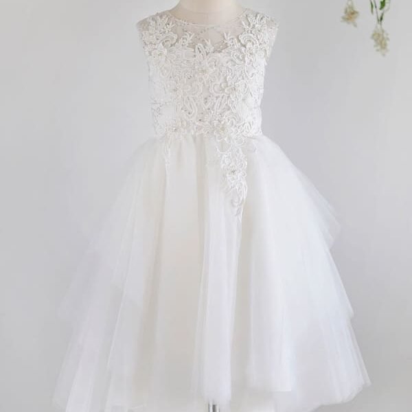 Cute White Tulle Lace Appliques Flower Girl Dresses Jewel Neck Sleeveless Pearls Kids Dresses