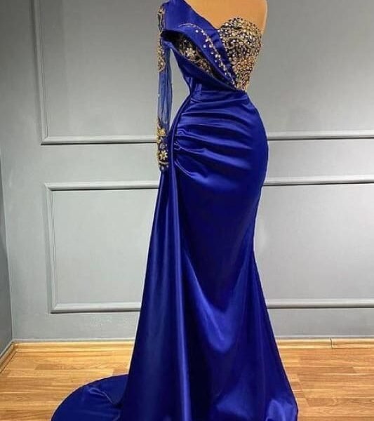 Dark Blue One Shoulder Long Sleeve Mermaid Prom Dress with Beads