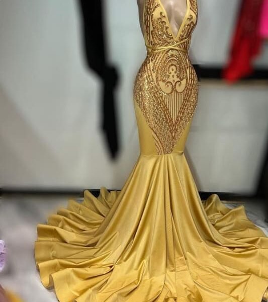 Dark Gold Sleeveless Appliqu¨¦ Mermaid Prom Dress