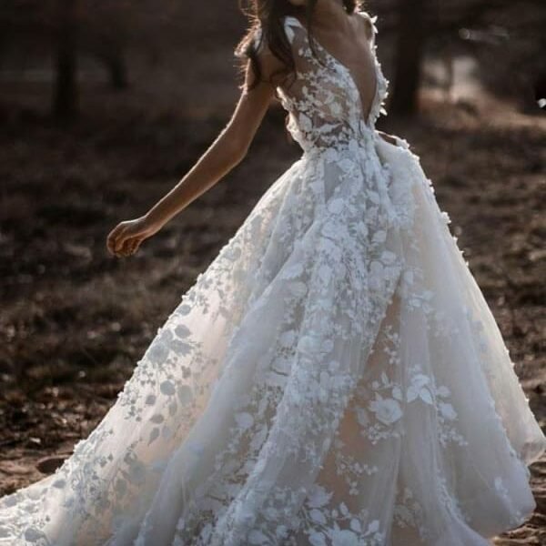 Deep V Neck Short Sleeve Backless A Line Wedding Dresses