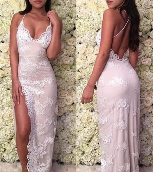 Deep V-Neck Spaghetti-Straps Backless Lace Prom Dress with Split