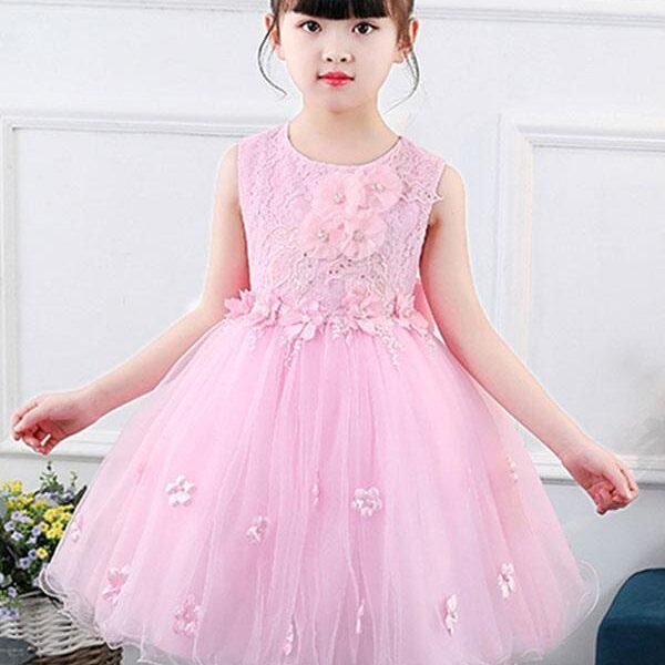 Dreamful Pink Tulle Flower Girl Dresses Jewel Neck Sleeveless Bows Kids Party Dresses