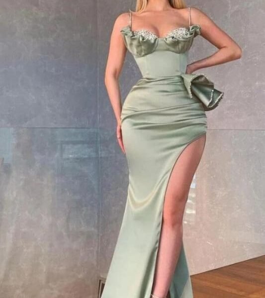 Dusty Sage Spaghetti-Straps Mermaid Prom Dress with Split Beadings Ruffles