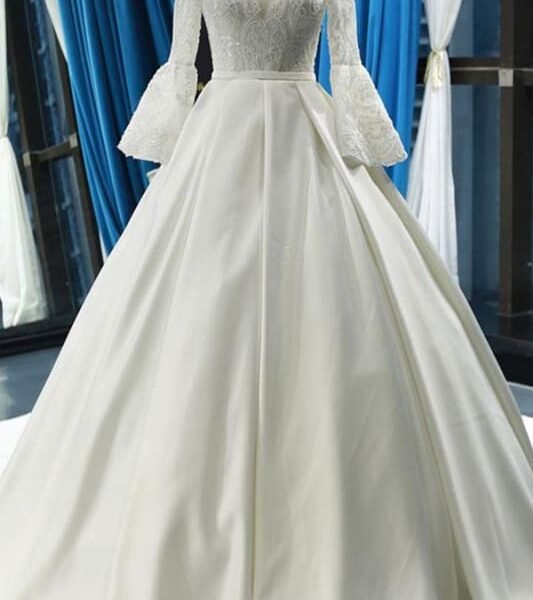 Elegant High Neck Long Sleeve Satin Wedding Dresses