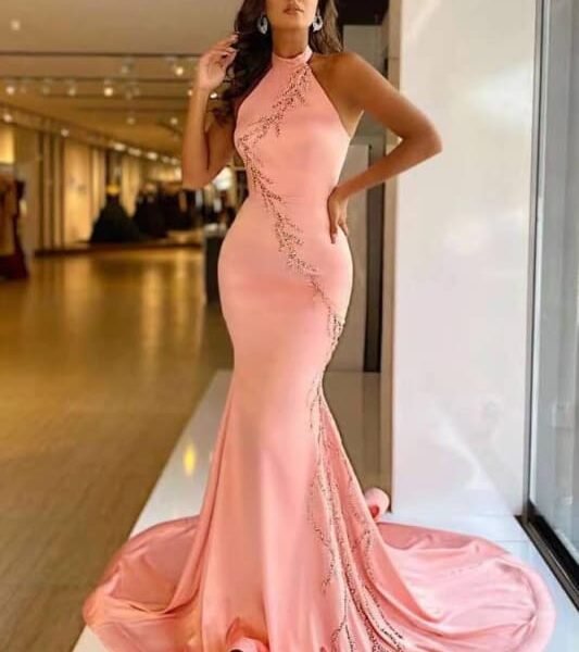 Elegant High Neck Pink Mermaid Prom Dress with Appliqu¨¦