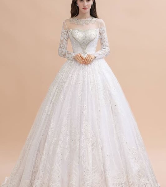 Elegant Long Sleeve Ctystal Beaded Lace Ball Gown Wedding Dress