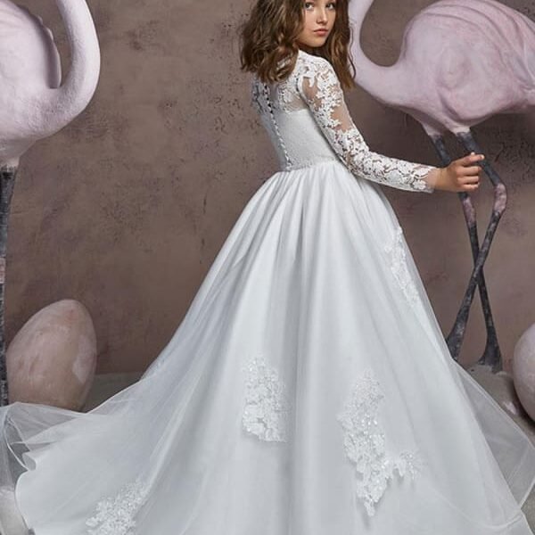 Elegant Long Sleeves Embroidered Kids Party Dresses Jewel Neck Tulle Lace Appliques Flower Girl Dresses
