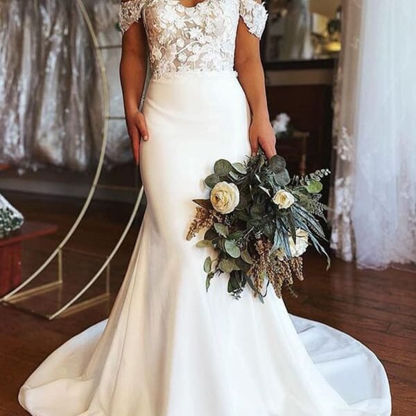 Elegant Off Shoulder Mermaid White Lace Long Wedding Dresses Formal Dresses