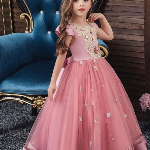 Elegant Sleeveless Floral Pattern Flower Girl Dresses with Bows Formal Kids Pageant Dresses