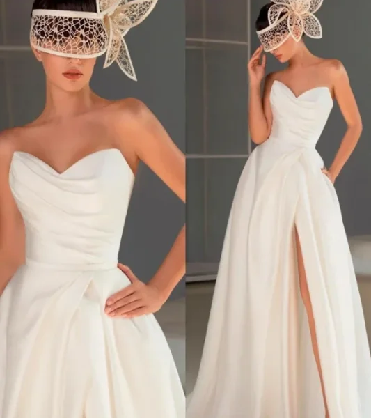Elegant Strapless Pleated Prom Dress. Chic Split Long