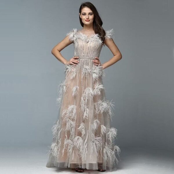 Feather Sequins Applique Prom Dress. A-Line Tulle