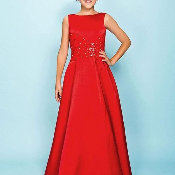 Flower Girl Dresses Red Satin Fabric Sleeveless Floor Length A Line Beaded Kids Party Dresses