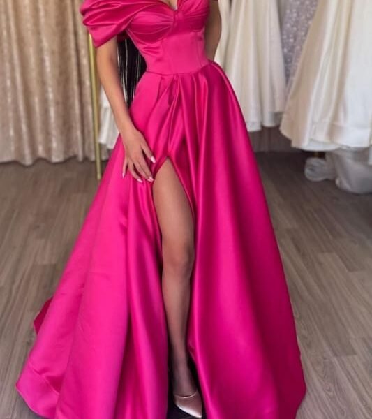 Fuchsia A-Line Portrait Prom Dress with Split