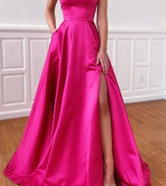 Fuchsia Strapless Prom Dress with Pockets Side Split