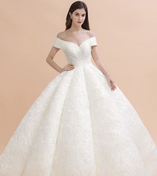 Gergrous Off The Shoulder Lace Beads Ball Gown Wedding Dress