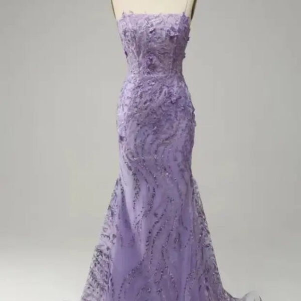 Glamorous Purple Applique Spaghetti Strap Mermaid Prom Dress
