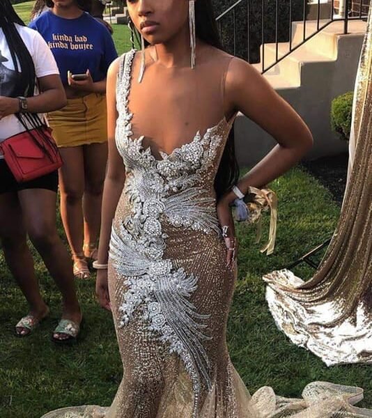 Glamous Jewel Sleeveless Sheer Prom Dresses with Train
