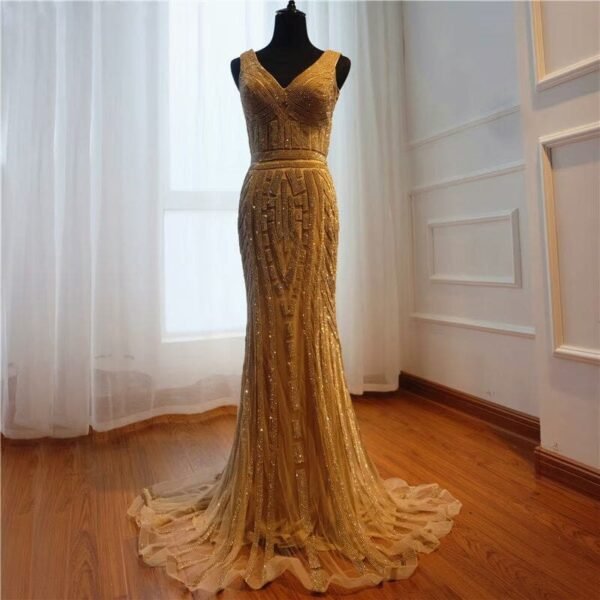 Gold Sequin Mermaid Prom Dress. V-Neck. Long Sleeveless