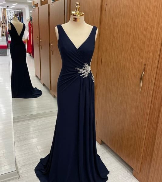 Gorgeous Dark Navy Strapped V-Neck Pleated Prom Dress with Rhinestones