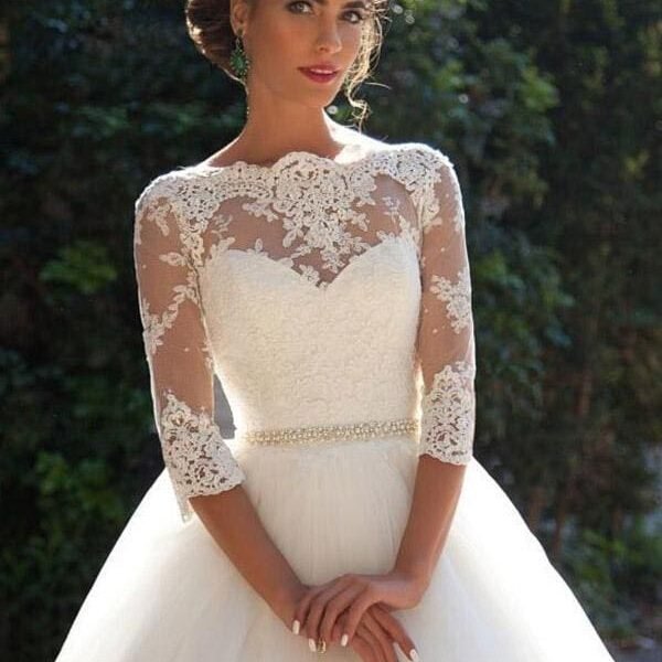 Gorgeous Half Sleeves Covered Button Ball Gown Wedding dresses