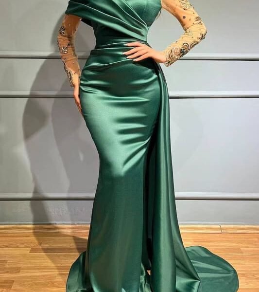 Gorgeous Long Sleeves High Neck Crystal Mermaid Prom Dress with Ruffles