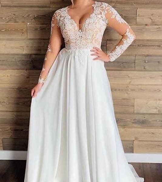 Gorgeous V-Neck Long Sleeves Lace Ruffles Wedding Dresses