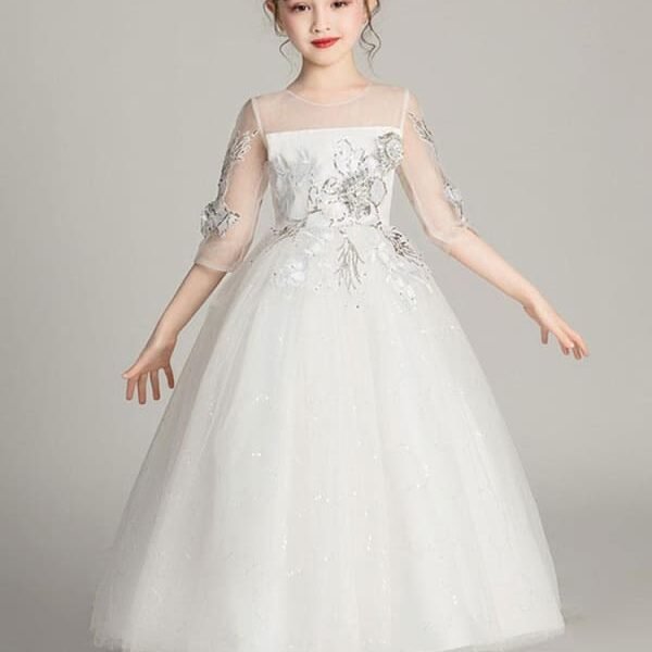 Half Sleeves Flower Girl Dresses Jewel Neck Tulle Ankle Length Princess Silhouette Embroidered Kids Party Dresses