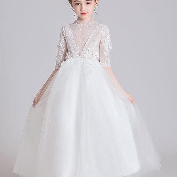 Half Sleeves White Flower Girl Dresses Jewel Neck Ankle-Length Princess Dress Kids Formal  Dresses